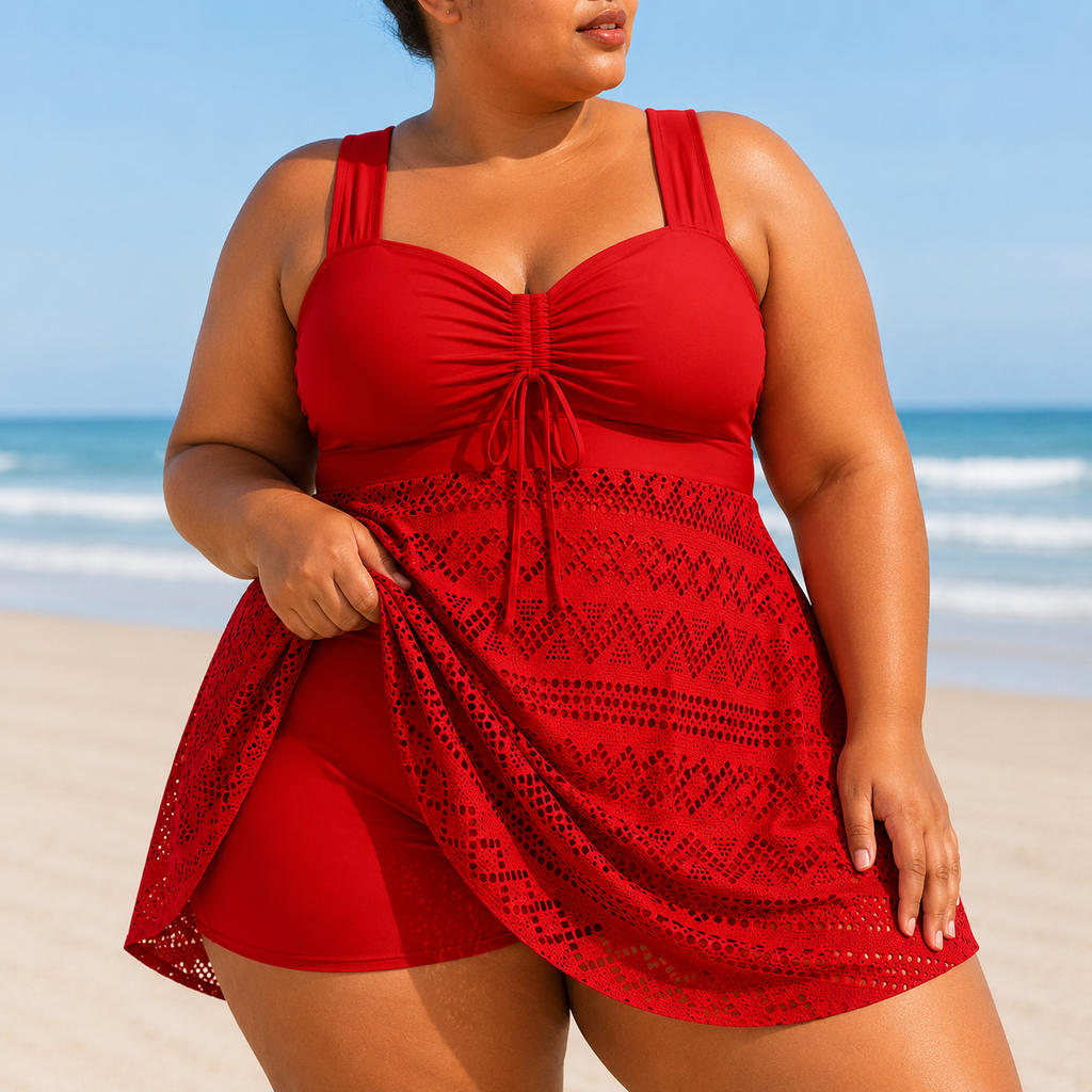 Emille - Plus Size Refined Beach Swim Dress Red
