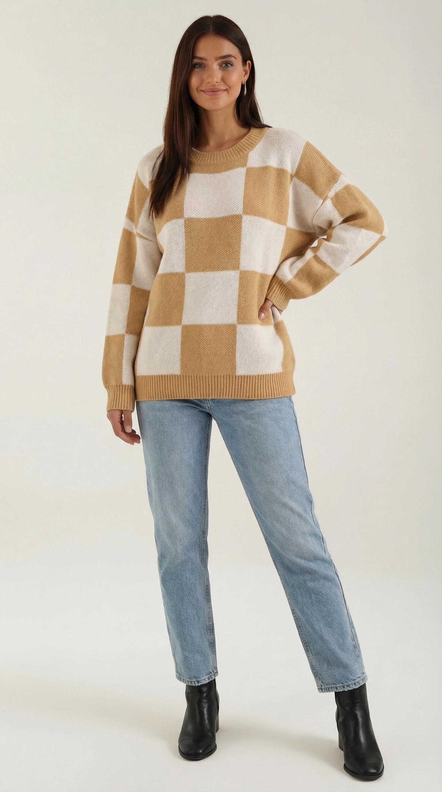 Women's Checkered Knit Sweater – Graphic Plaid Pattern & Soft Crewneck Blue