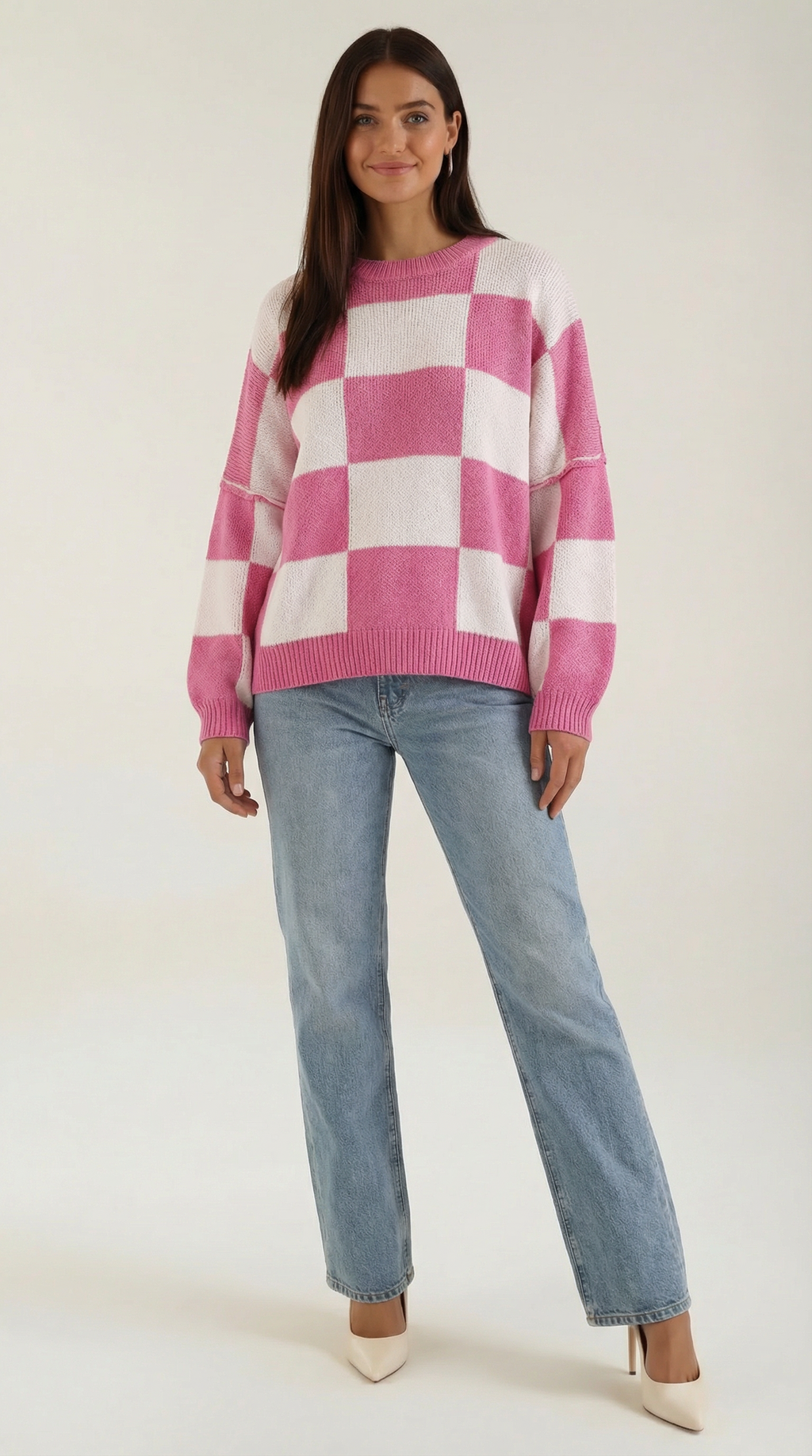 Women's Checkered Knit Sweater – Graphic Plaid Pattern & Soft Crewneck Hot pink