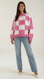 Women's Checkered Knit Sweater – Graphic Plaid Pattern & Soft Crewneck Hot pink