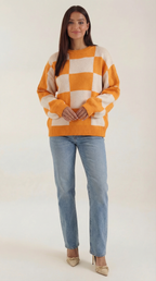 Women's Checkered Knit Sweater – Graphic Plaid Pattern & Soft Crewneck Orange