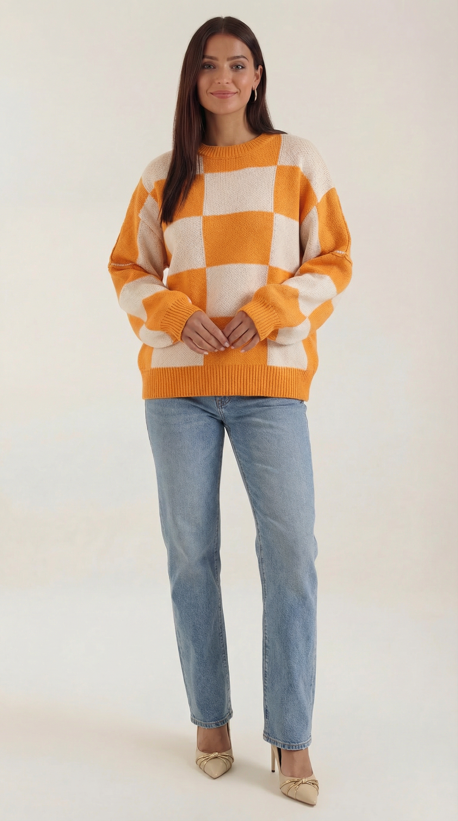 Women's Checkered Knit Sweater – Graphic Plaid Pattern & Soft Crewneck Orange