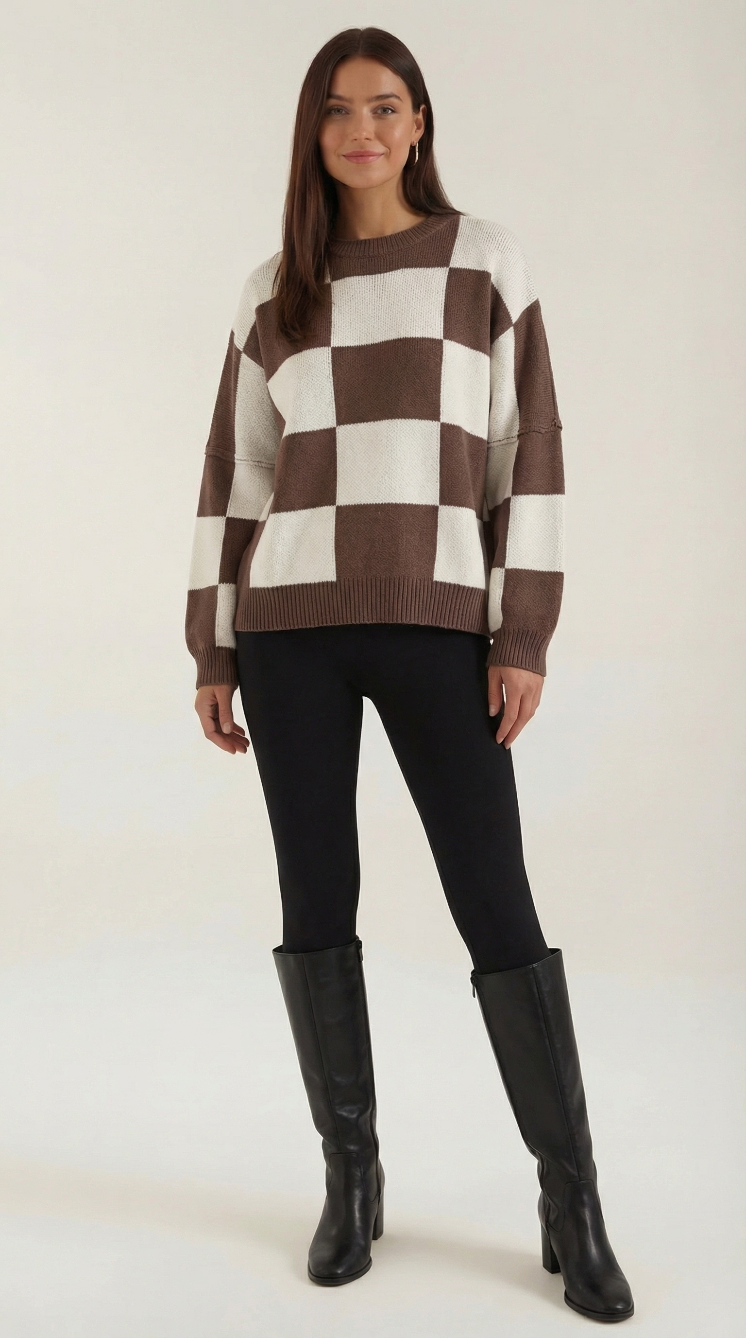 Women's Checkered Knit Sweater – Graphic Plaid Pattern & Soft Crewneck Brown