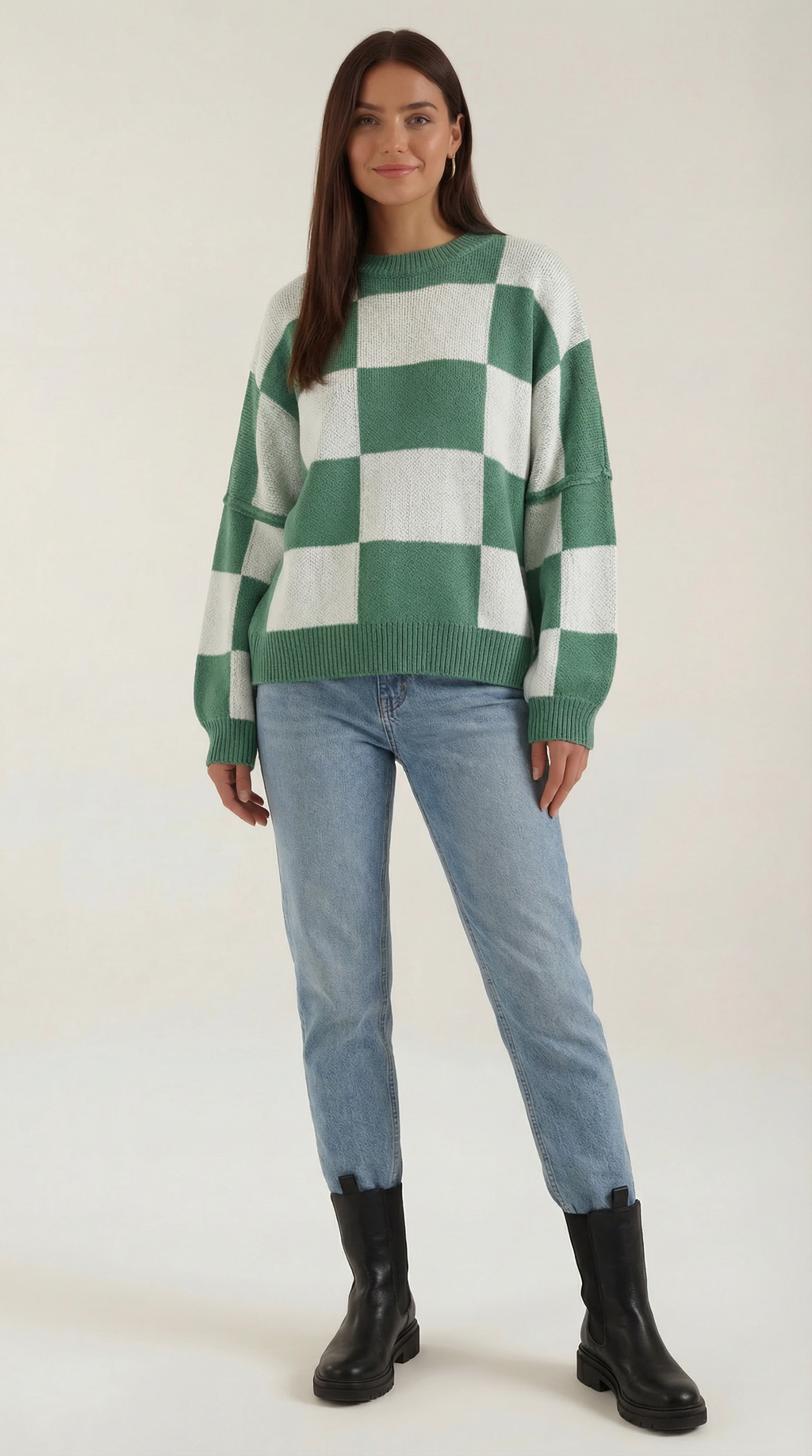 Women's Checkered Knit Sweater – Graphic Plaid Pattern & Soft Crewneck Green