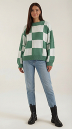 Women's Checkered Knit Sweater – Graphic Plaid Pattern & Soft Crewneck Green