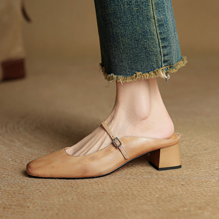 Esmer | Women’s Genuine Leather Mules – Chic Artisan Slip-On & Refined Slimming Silhouette Apricot