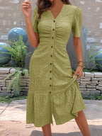 Dôre | Women’s Eyelet Button Front V-Neck Midi Dress – Chic Airy Cotton & Refined Slimming Waist Green