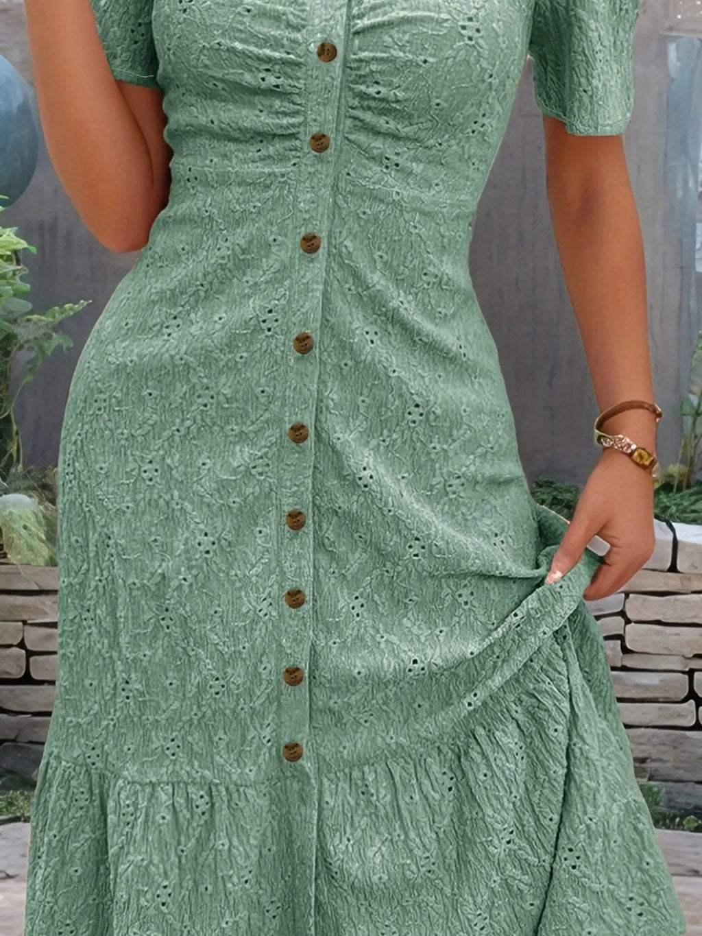 Dôre | Women’s Eyelet Button Front V-Neck Midi Dress – Chic Airy Cotton & Refined Slimming Waist