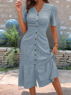 Dôre | Women’s Eyelet Button Front V-Neck Midi Dress – Chic Airy Cotton & Refined Slimming Waist Light Blue