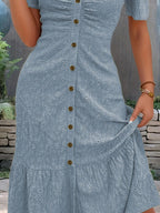 Dôre | Women’s Eyelet Button Front V-Neck Midi Dress – Chic Airy Cotton & Refined Slimming Waist