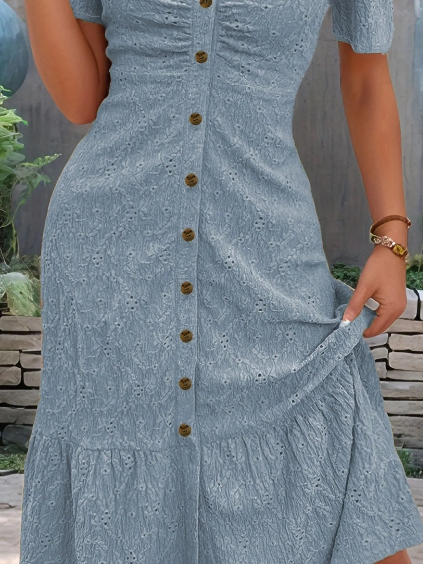 Dôre | Women’s Eyelet Button Front V-Neck Midi Dress – Chic Airy Cotton & Refined Slimming Waist