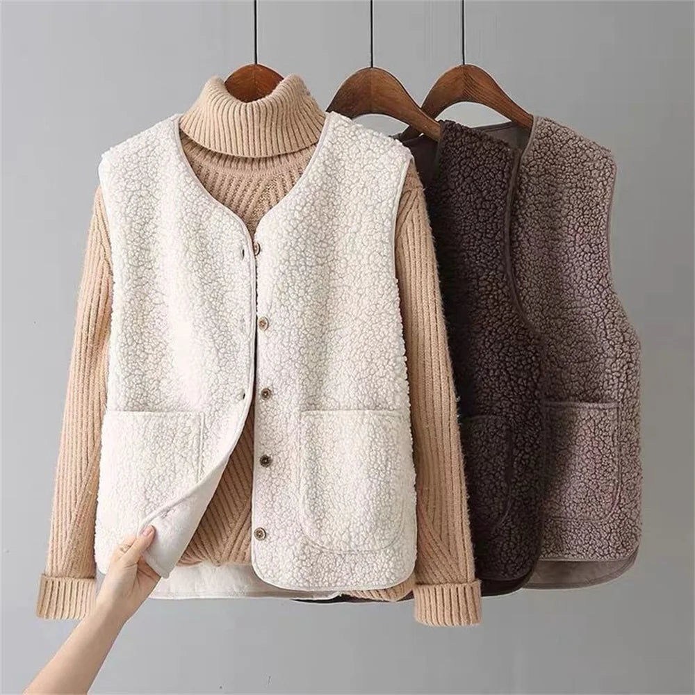 Mechi | Women’s Outfit Set | Ribbed Long Sleeves with V-neck Vest Beige