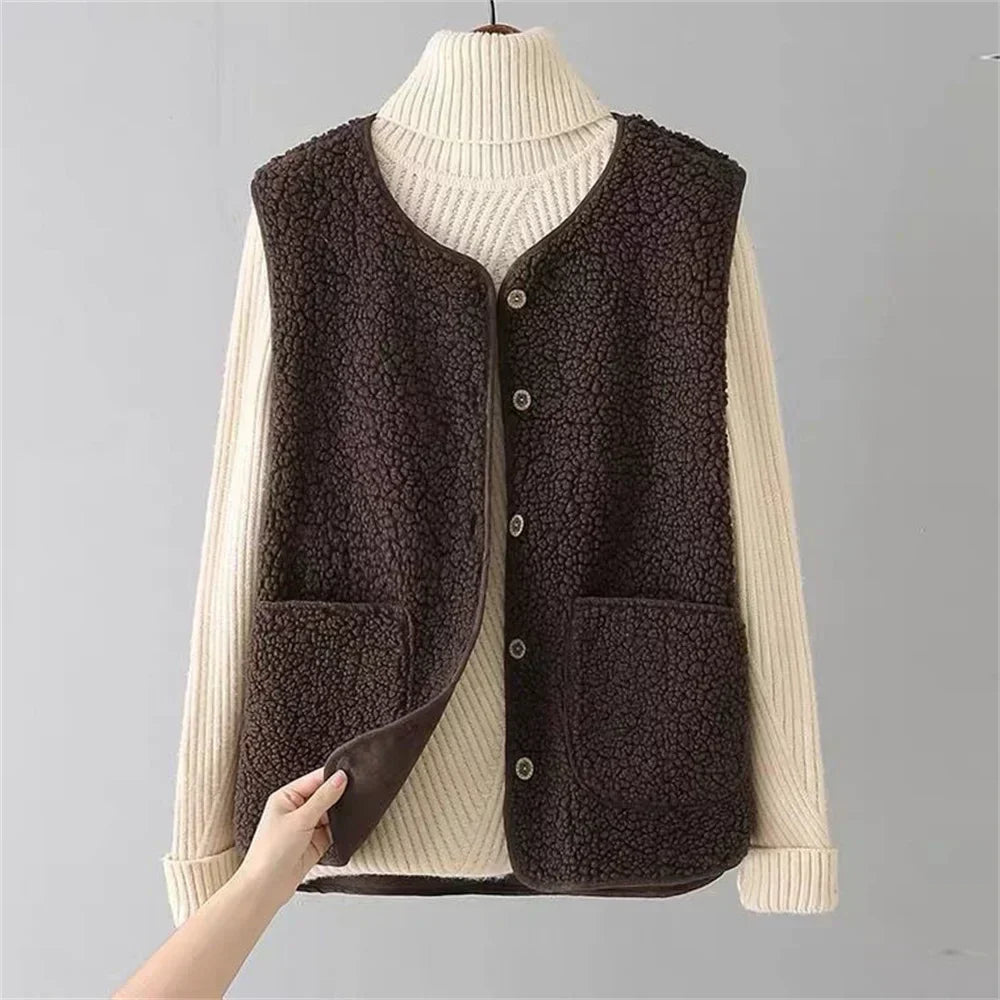 Mechi | Women’s Outfit Set | Ribbed Long Sleeves with V-neck Vest Brown