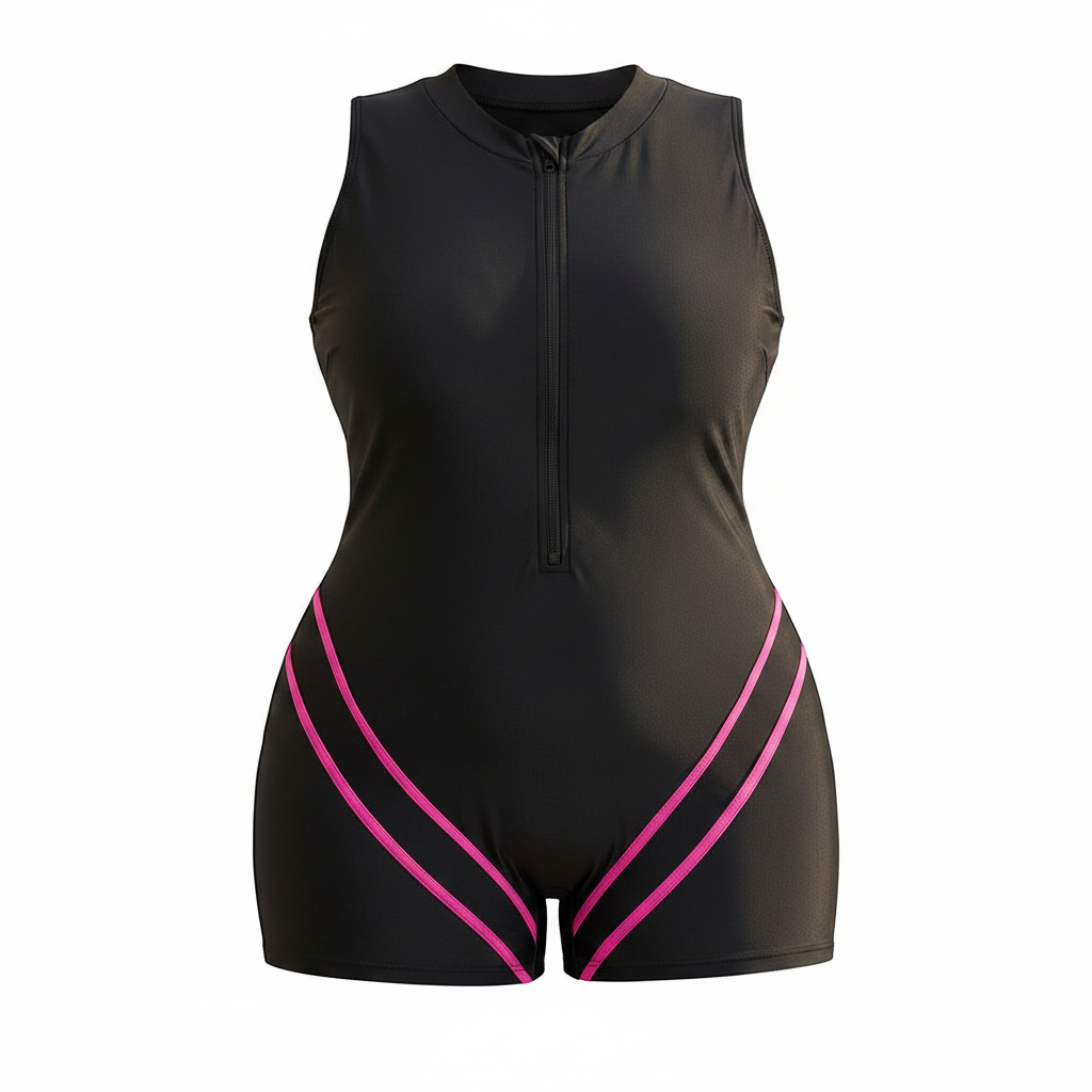 Fitted Sleeveless One-Piece Rash Guard Swimsuit with High Neck Zip Closure