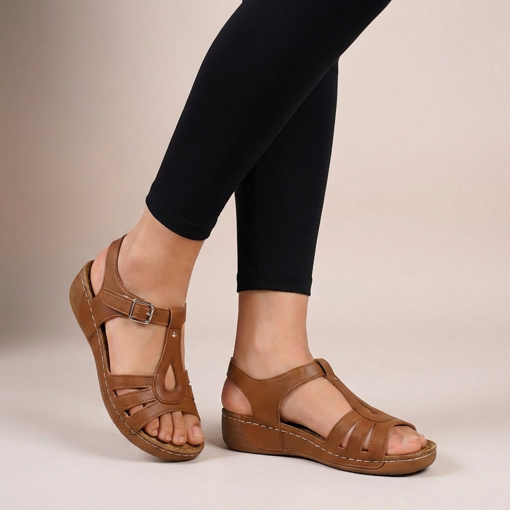 Fitted T-Strap Orthopedic Flat Sandals with Buckle and Wedge Sole 0