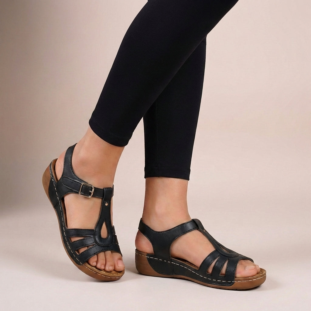 Fitted T-Strap Orthopedic Flat Sandals with Buckle and Wedge Sole 1