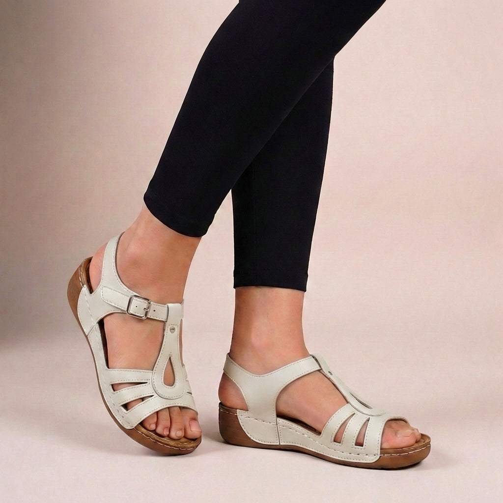Fitted T-Strap Orthopedic Flat Sandals with Buckle and Wedge Sole 2