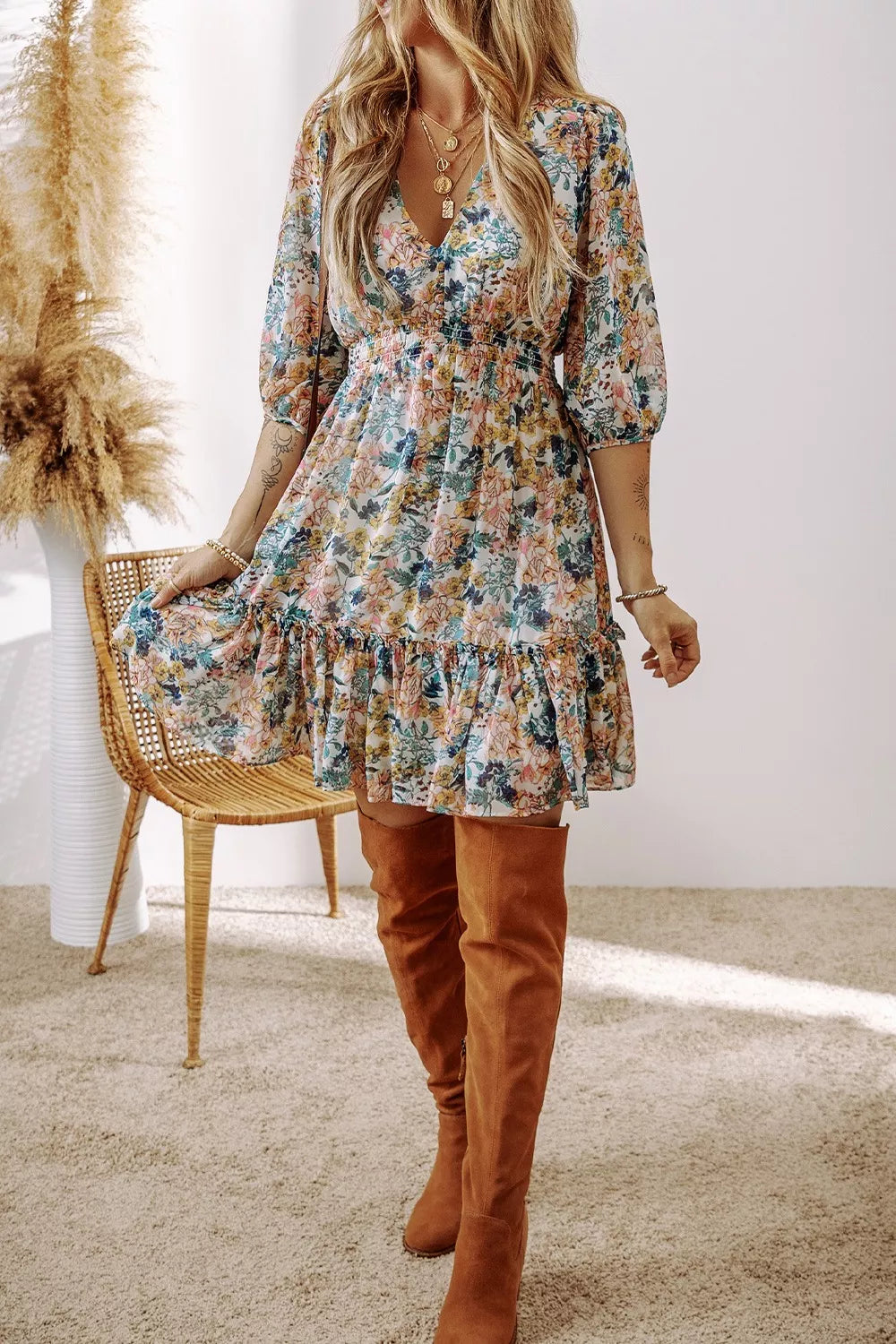 Flora | Women’s Floral Print Ruffle Hem Mini Dress – Chic Botanical Print & Refined Flirty Silhouette Floral