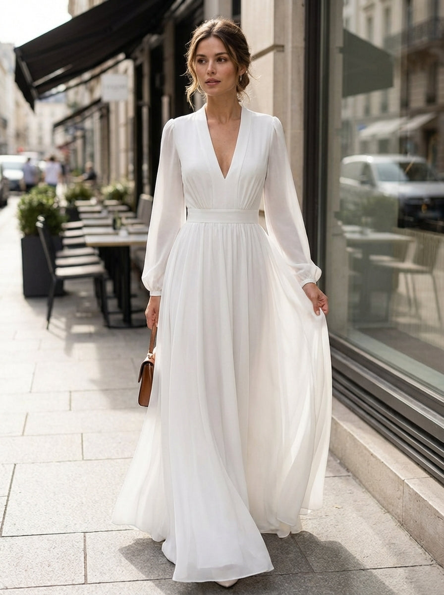 Flore | Long dress for women - White maxi dress with long sleeves and V-neck white