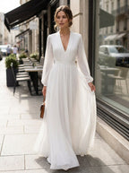Flore | Long dress for women - White maxi dress with long sleeves and V-neck white
