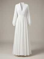 Flore | Long dress for women - White maxi dress with long sleeves and V-neck