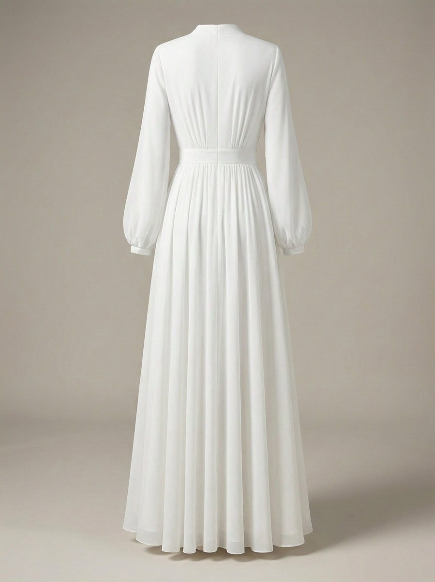 Flore | Long dress for women - White maxi dress with long sleeves and V-neck