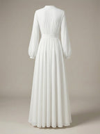 Flore | Long dress for women - White maxi dress with long sleeves and V-neck