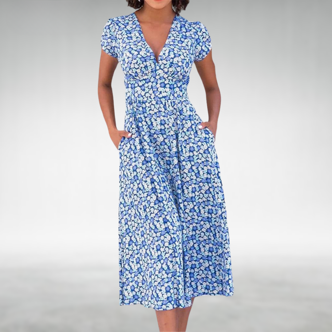 Flowing A-Line Midi Dress with Defined Waist and Delicate Floral Pattern Blue