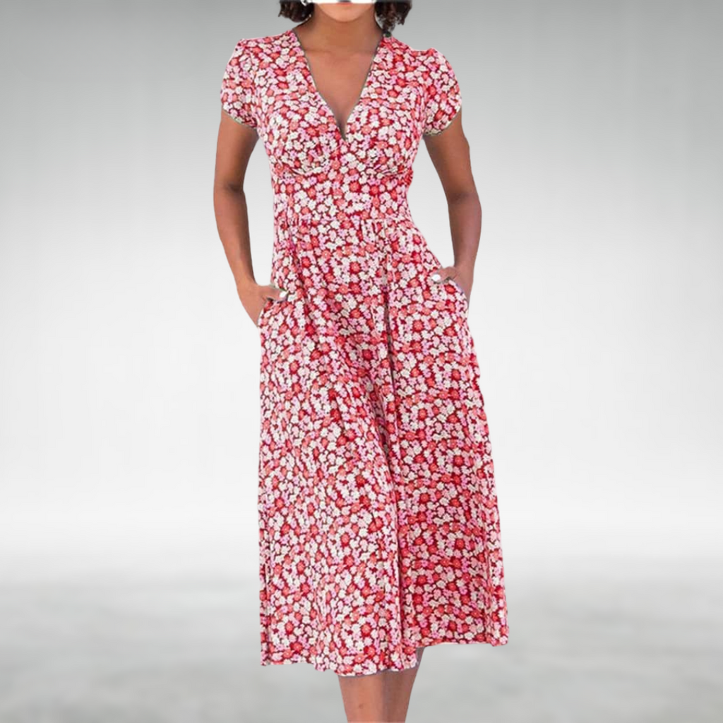 Flowing A-Line Midi Dress with Defined Waist and Delicate Floral Pattern Red