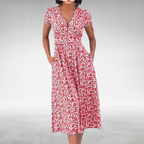 Flowing A-Line Midi Dress with Defined Waist and Delicate Floral Pattern Red