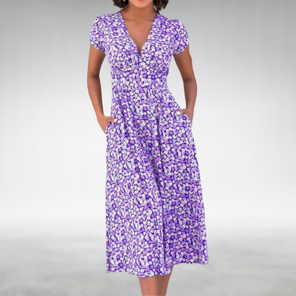 Flowing A-Line Midi Dress with Defined Waist and Delicate Floral Pattern Purple