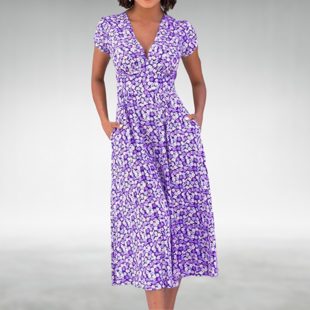 Flowing A-Line Midi Dress with Defined Waist and Delicate Floral Pattern Purple