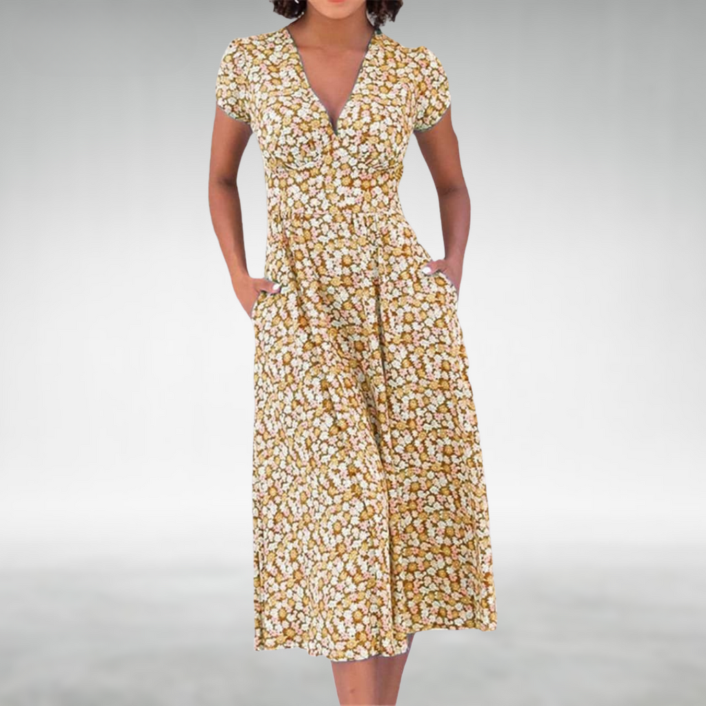 Flowing A-Line Midi Dress with Defined Waist and Delicate Floral Pattern Yellow
