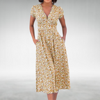 Flowing A-Line Midi Dress with Defined Waist and Delicate Floral Pattern Yellow