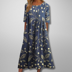 Flora | Women’s Relaxed Floral Midi Dress – Botanical Architectural Fluidity & Refined Summer Grace Navy Blue (Almost sold out)