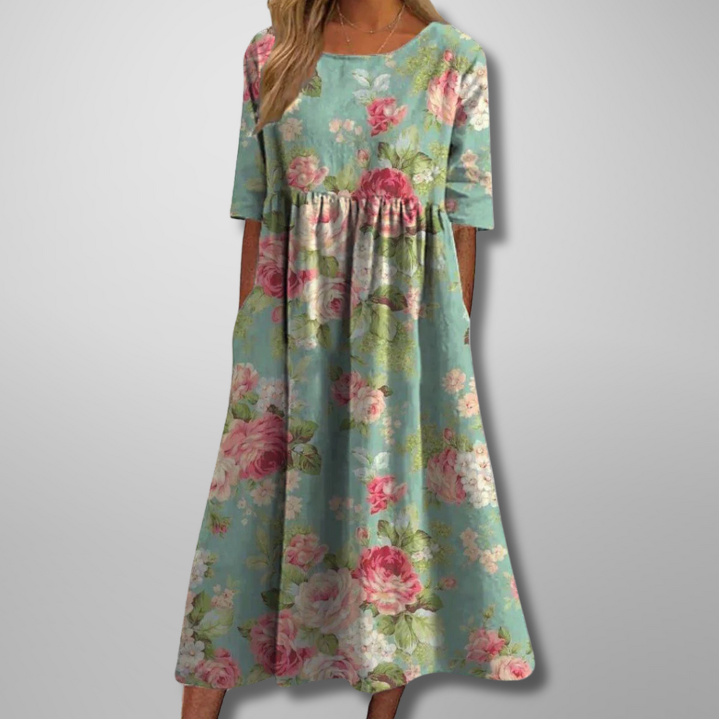 Flora | Women’s Relaxed Floral Midi Dress – Botanical Architectural Fluidity & Refined Summer Grace Mint Green