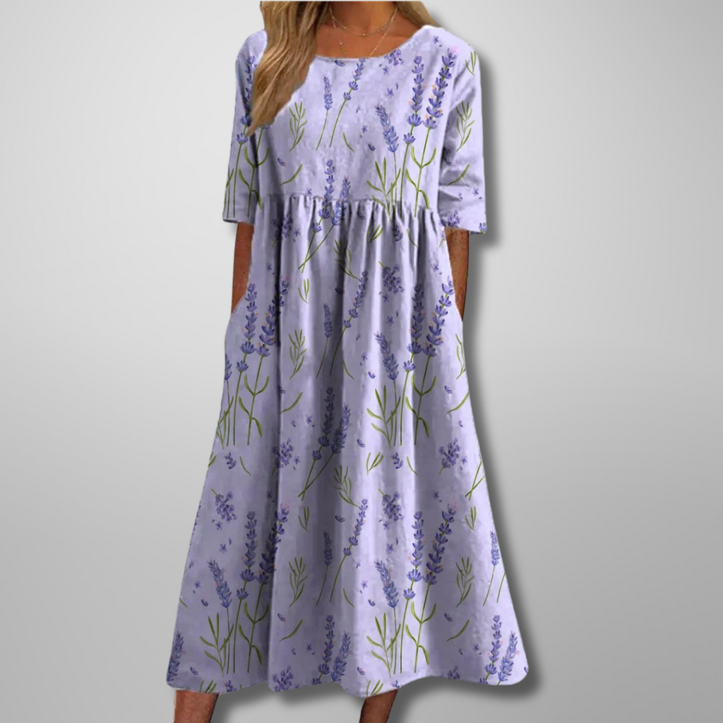 Flora | Women’s Relaxed Floral Midi Dress – Botanical Architectural Fluidity & Refined Summer Grace Lavender (Almost sold out)