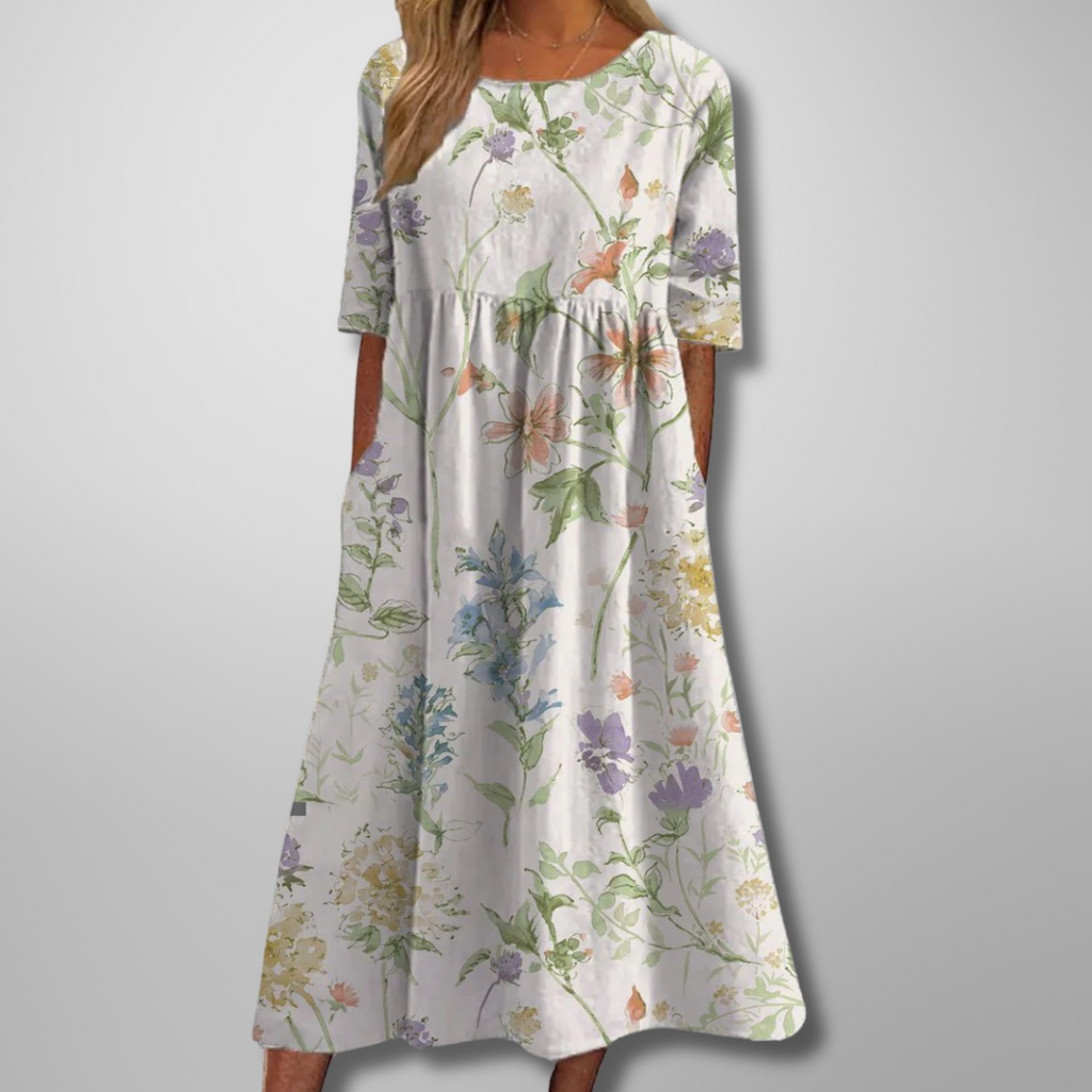 Flora | Women’s Relaxed Floral Midi Dress – Botanical Architectural Fluidity & Refined Summer Grace White