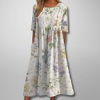 Flora | Women’s Relaxed Floral Midi Dress – Botanical Architectural Fluidity & Refined Summer Grace White