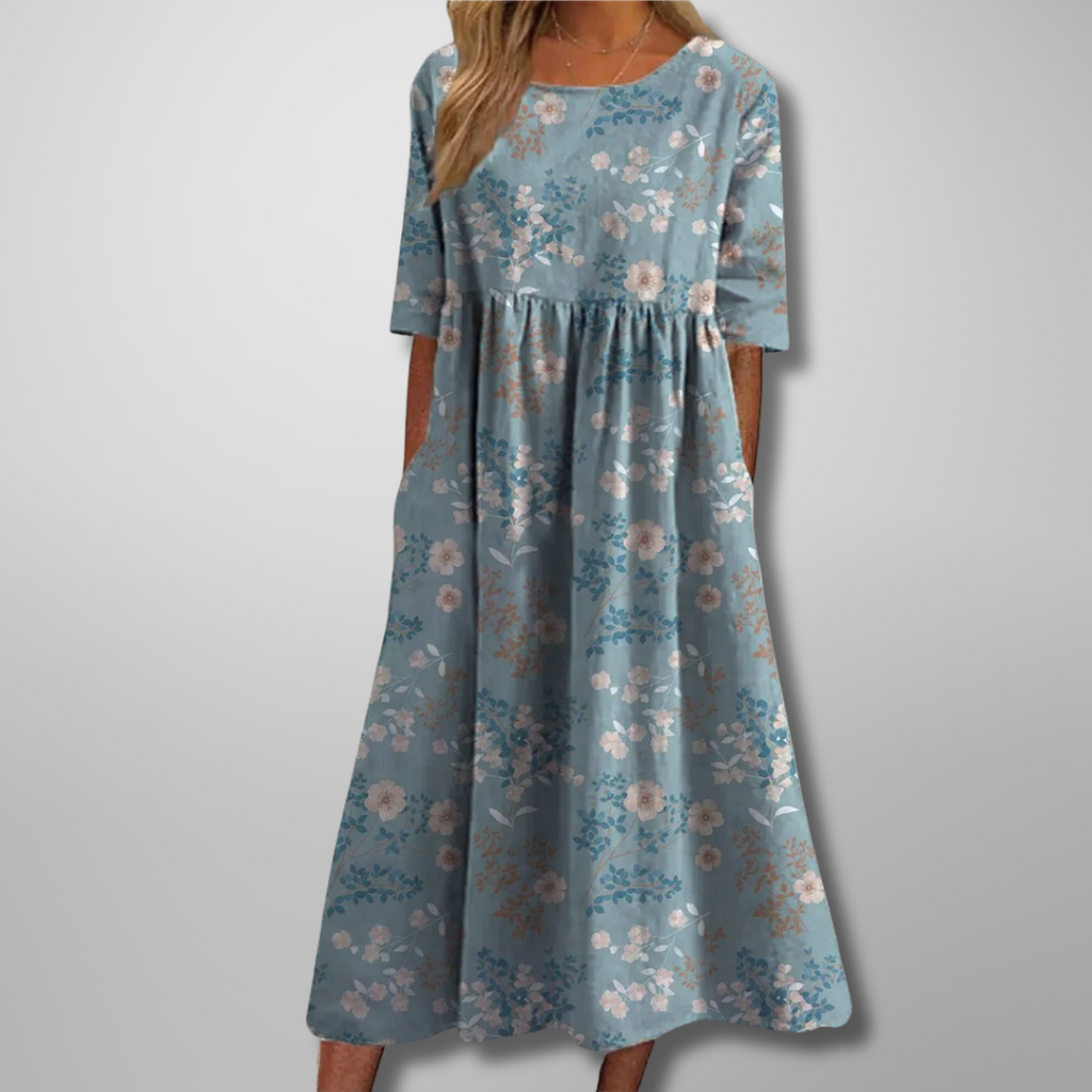 Flora | Women’s Relaxed Floral Midi Dress – Botanical Architectural Fluidity & Refined Summer Grace Light Blue