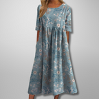 Flora | Women’s Relaxed Floral Midi Dress – Botanical Architectural Fluidity & Refined Summer Grace Light Blue