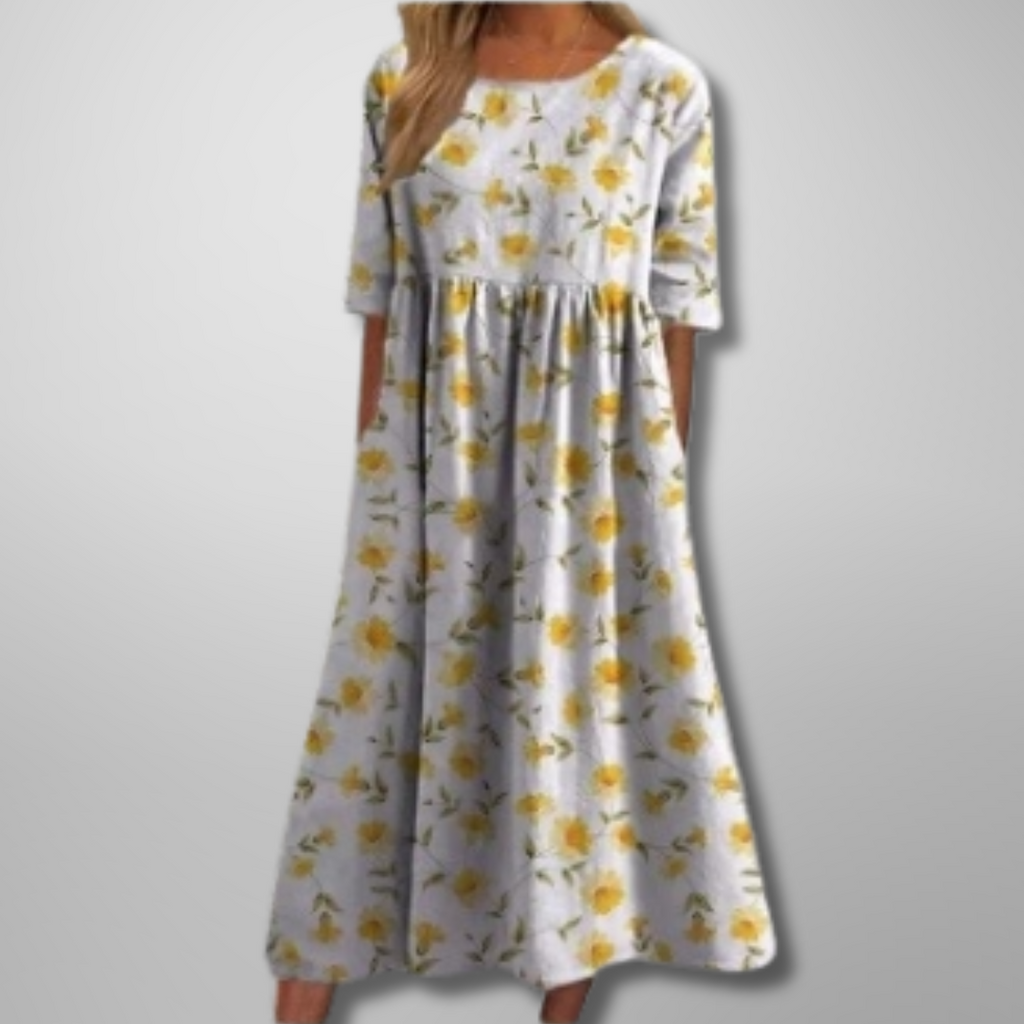 Flora | Women’s Relaxed Floral Midi Dress – Botanical Architectural Fluidity & Refined Summer Grace Light Yellow