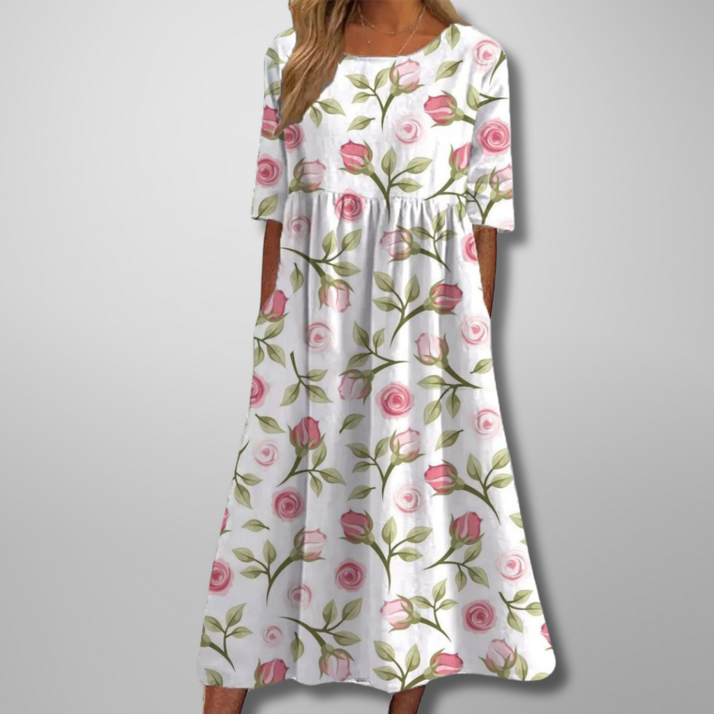 Flora | Women’s Relaxed Floral Midi Dress – Botanical Architectural Fluidity & Refined Summer Grace White Pink (Almost sold out)