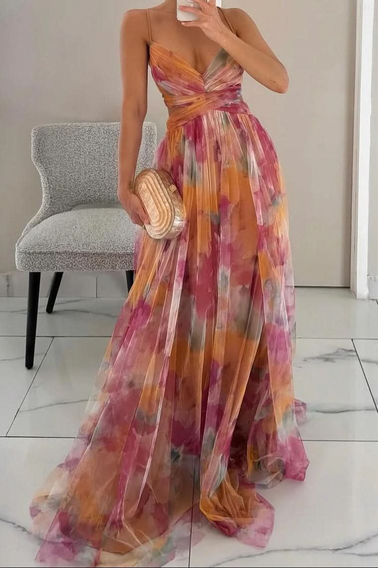 Grace | Levendige maxi-jurk van tule met aquarelbloemen 6