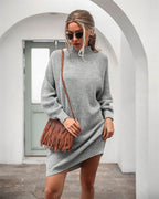Sephira | Women's Long Winter Sweater Dress - Oversized Knitted Turtleneck & Maxi Sweater Light gray