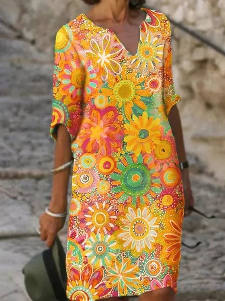Māya | Women's V-Neck Floral Dress – Vibrant Botanical Print & Elegant Silhouette yellow