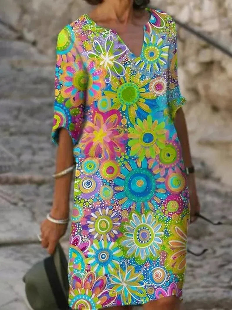 Māya | Women's V-Neck Floral Dress – Vibrant Botanical Print & Elegant Silhouette green