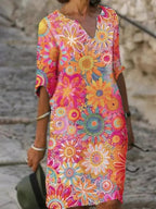 Māya | Women's V-Neck Floral Dress – Vibrant Botanical Print & Elegant Silhouette pink