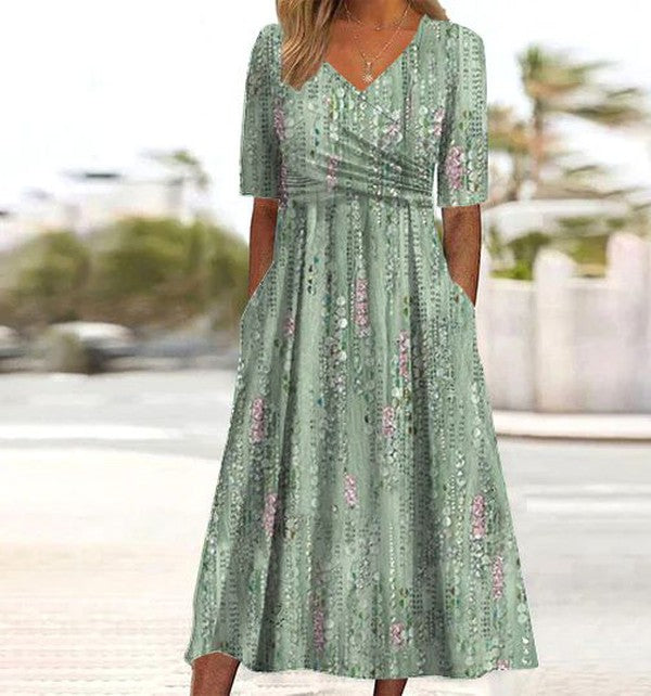 Flora | Women’s Elegant Summer Dress – Botanical Floral Pattern & Architectural A-Line Silhouette Green