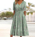 Flora | Women’s Elegant Summer Dress – Botanical Floral Pattern & Architectural A-Line Silhouette Green